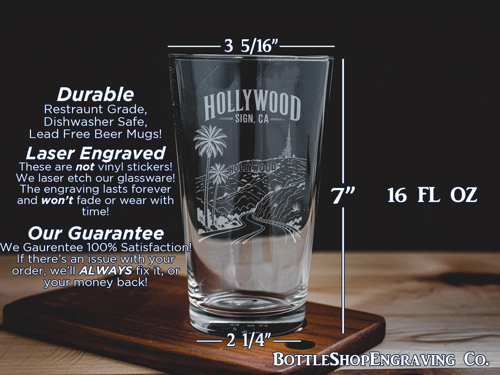 Hollywood Sign California Pint Glass, Los Angeles Landmark Beer Glass, CA Travel Souvenir Barware Gift