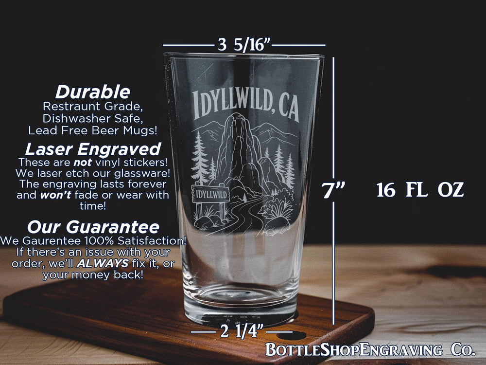 Idyllwild CA Pint Glass, Idyllwild California Souvenir Beer Glass, Mountain Town Travel Gift, Rustic Cabin Getaway Drinkware