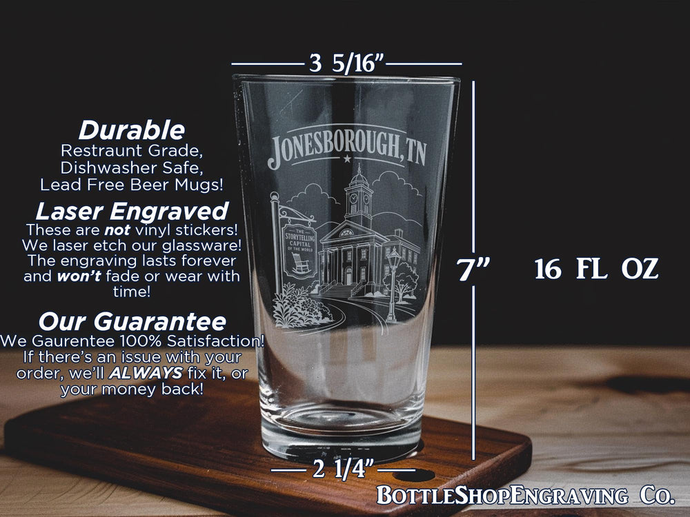 Jonesborough TN Pint Glass, Jonesborough Tennessee Souvenir Beer Glass, Historic Jonesborough Gift, Travel Keepsake Barware