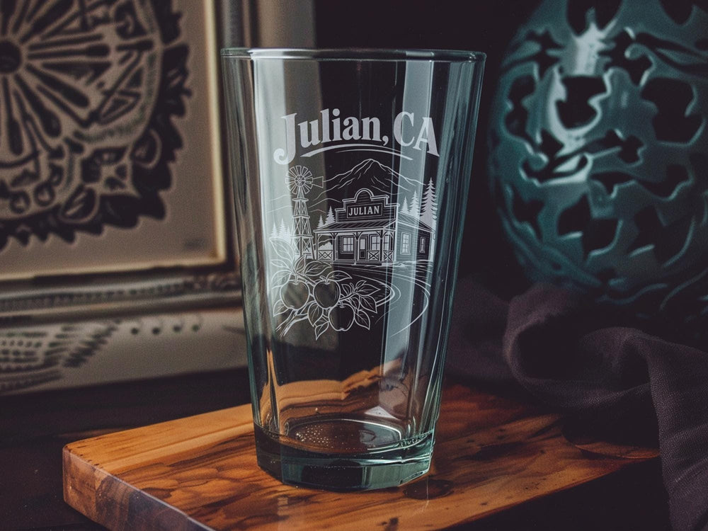 Julian CA Pint Glass, Julian California Souvenir Glass, Apple Orchard & Mountain Town Travel Gift, San Diego County Keepsake
