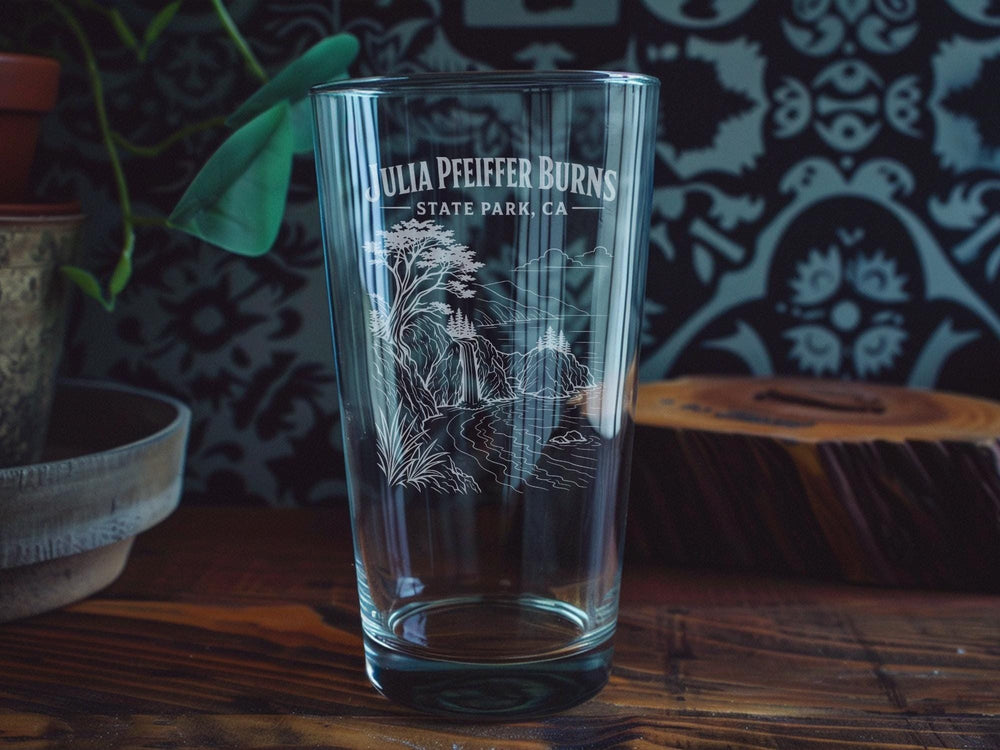 Julia Pfeiffer Burns State Park CA Pint Glass, Big Sur California Souvenir Glass, State Park Travel Gift, Coastal Landmark Drinkware