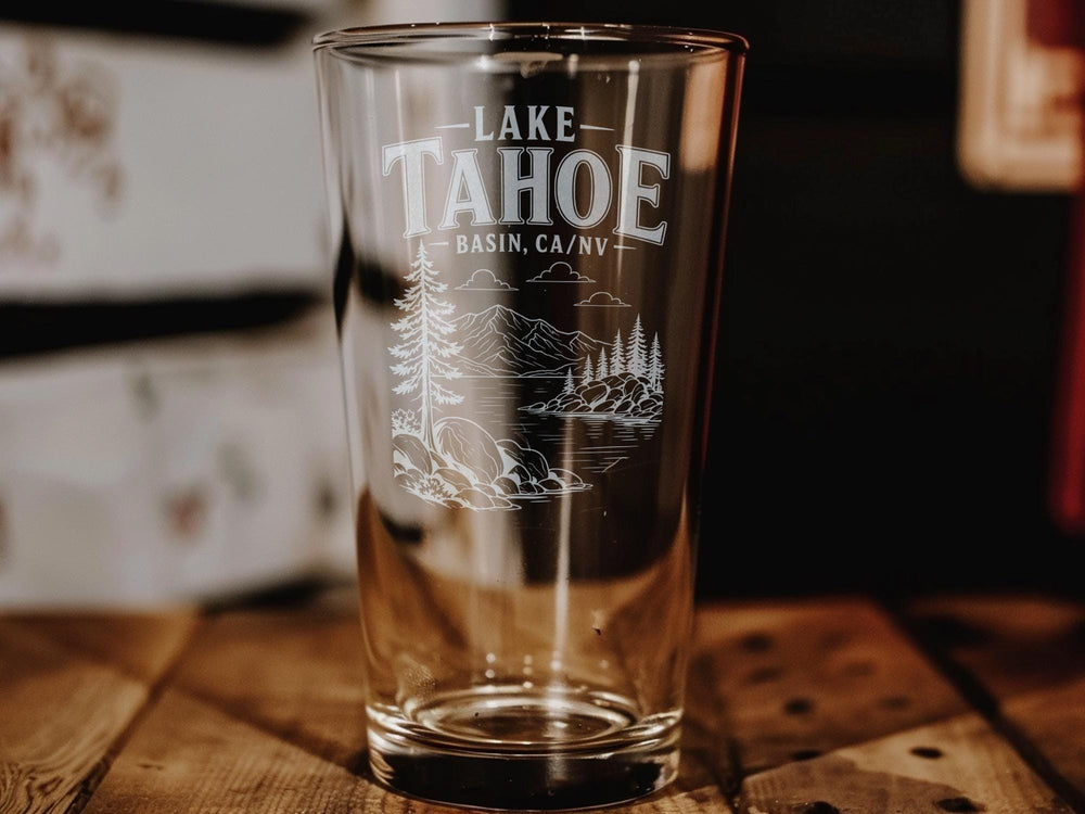 Lake Tahoe Basin Pint Glass, Lake Tahoe Nevada California Souvenir Drinking Glass, Sierra Nevada Mountain Lake Gift