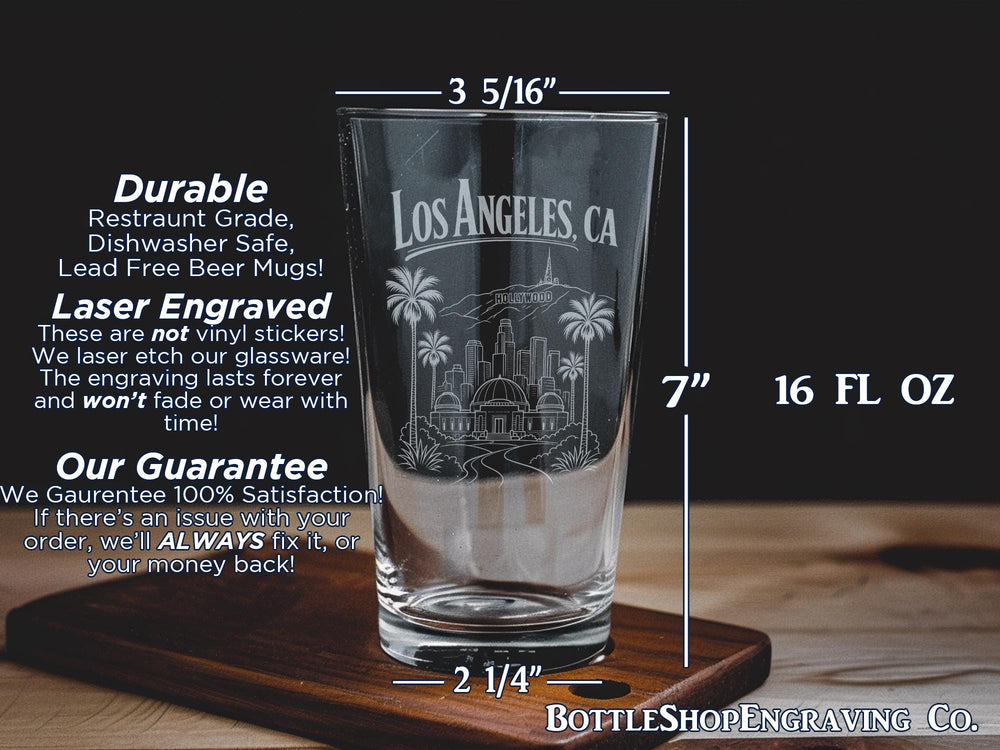 Los Angeles CA Pint Glass, Los Angeles California Souvenir Beer Glass, LA City Travel Gift, West Coast Barware, California Keepsake Glass