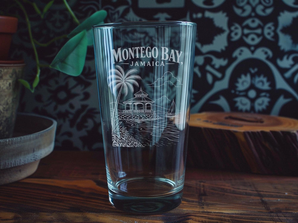 Montego Bay Jamaica Pint Glass, Montego Bay Souvenir Glass, Jamaica Travel Gift, Caribbean Vacation Drinkware, Island Bar Glass
