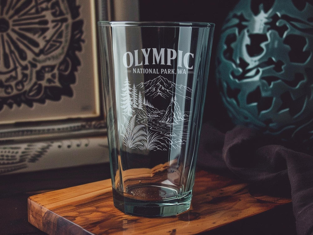Olympic National Park WA Pint Glass, Washington State Souvenir Beer Glass, Pacific Northwest Travel Gift, National Park Keepsake Glass