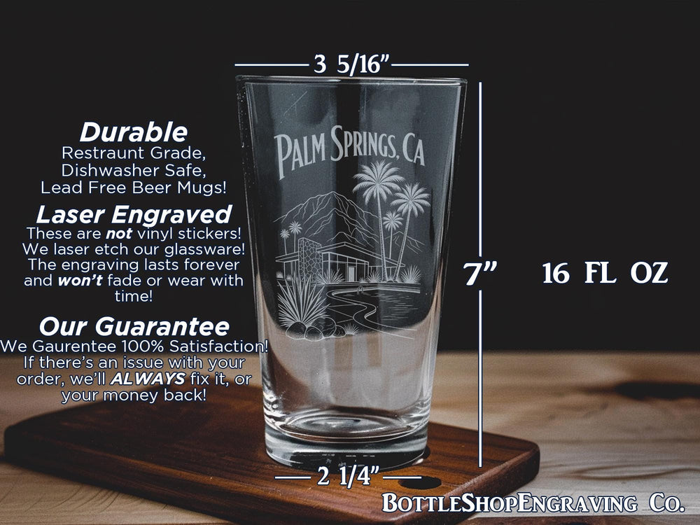 Palm Springs CA Pint Glass, Palm Springs California Souvenir Drinkware, Desert City Vacation Gift, Retro Travel Bar Glass
