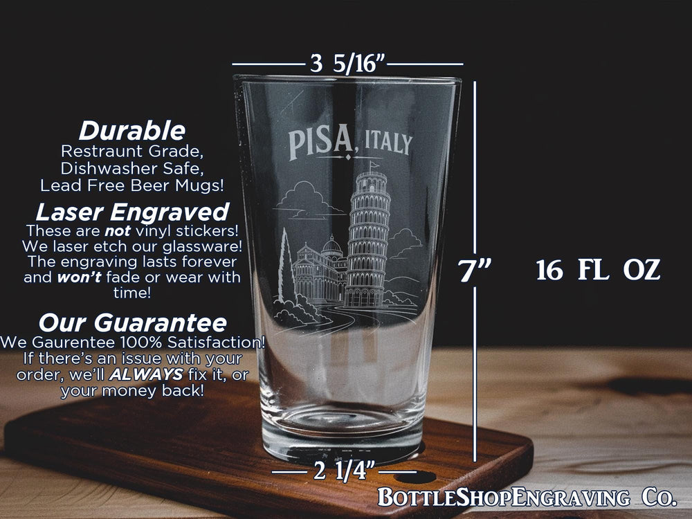 Pisa Italy Pint Glass, Leaning Tower of Pisa Souvenir Beer Glass, Tuscany Travel Gift, Italy Landmark Drinkware