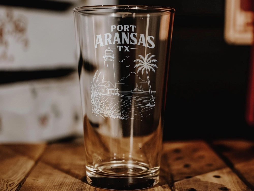 Port Aransas TX Pint Glass, Port Aransas Texas Souvenir Drinkware, Coastal Beach Town Gift, Vacation Keepsake Glass