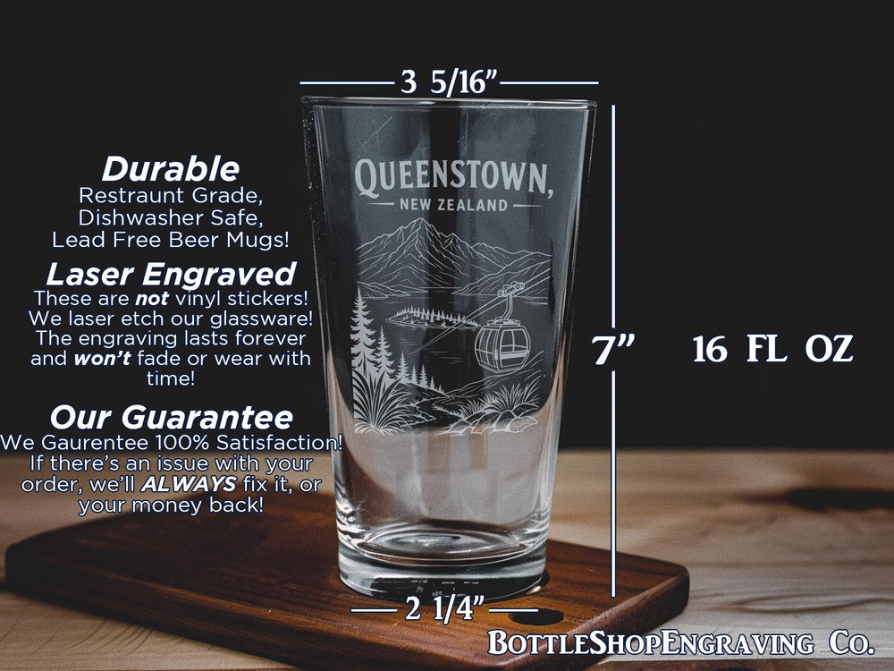 Queenstown New Zealand Pint Glass, Queenstown Travel Souvenir Glass, South Island NZ Destination Gift, Lake Wakatipu Town Glass