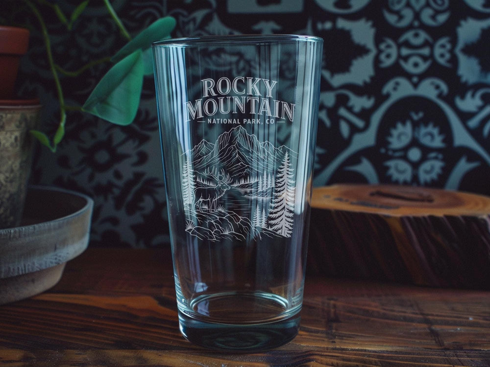 Rocky Mountain National Park Colorado Pint Glass Souvenir Mountain Landscape Travel Gift Estes Park CO Barware
