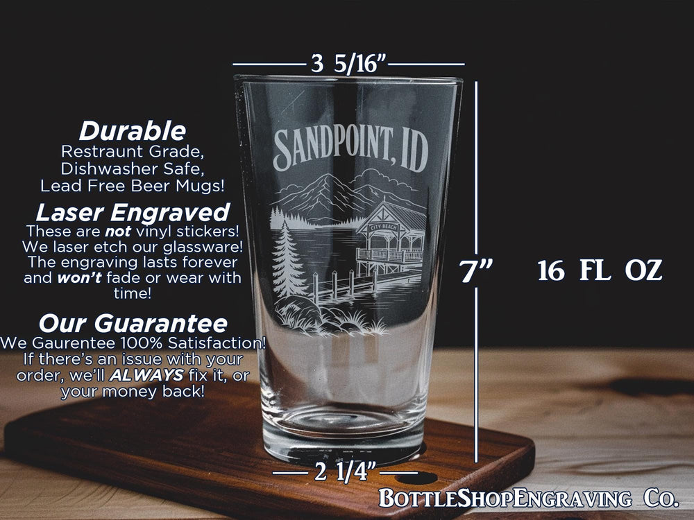 Sandpoint Idaho Pint Glass, Sandpoint ID Souvenir Beer Glass, Lake Pend Oreille Vacation Gift, Idaho Travel Drinkware
