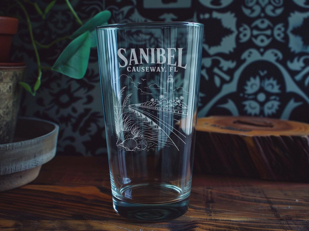 Sanibel Causeway Florida Pint Glass, Sanibel Island FL Souvenir Glass, Coastal Bridge Landmark Drinkware Gift