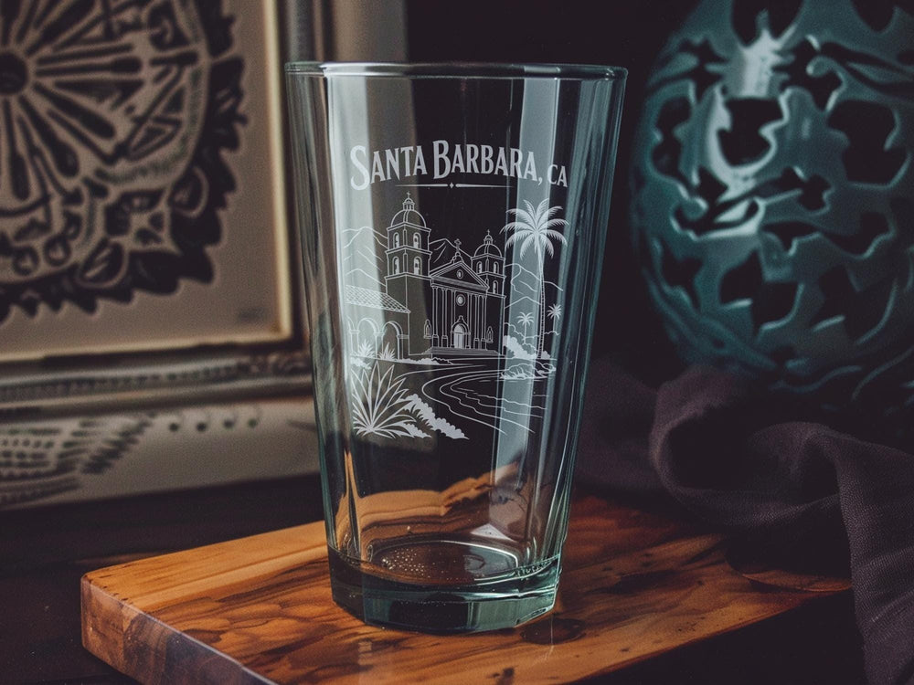 Santa Barbara CA Pint Glass, Santa Barbara California Souvenir Beer Glass, Coastal City Travel Gift, Vacation Memory Drinkware