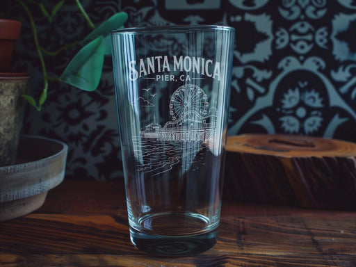Santa Monica Pier CA Pint Glass, California Beach Souvenir Glass, Pacific Park Landmark Drinkware, Coastal Bar Glass Gift