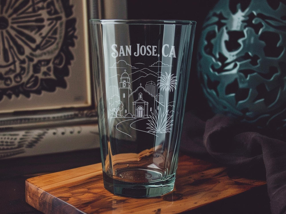 San Jose CA Pint Glass, San Jose California Souvenir Beer Glass, Bay Area City Drinkware, Silicon Valley Gift