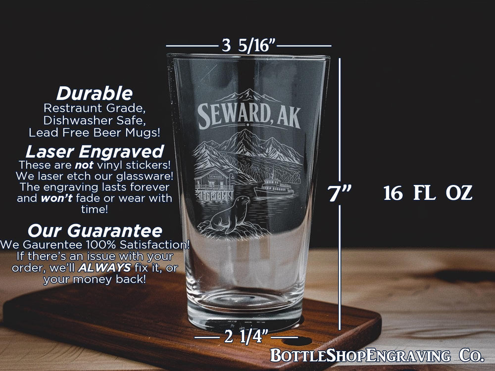 Seward Alaska Pint Glass, Seward AK Souvenir Beer Glass, Alaska Coastal Town Travel Gift, Kenai Peninsula Drinkware