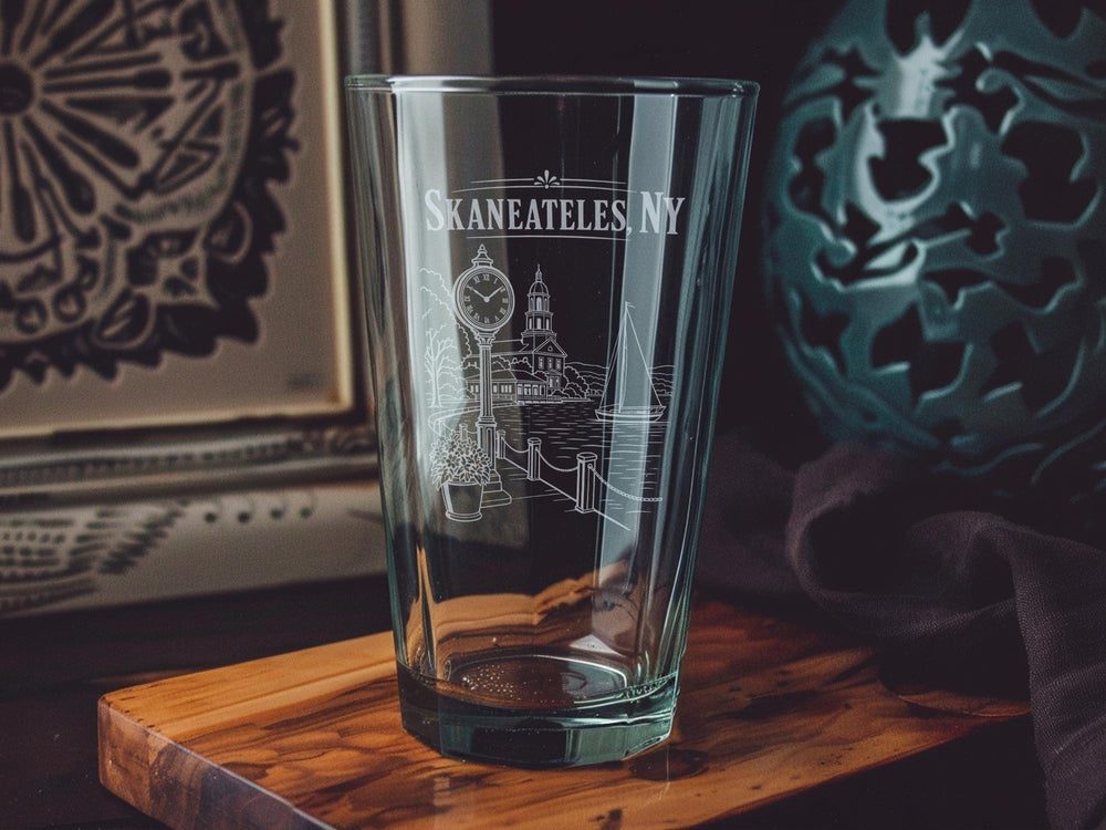 Skaneateles NY Pint Glass, Skaneateles New York Souvenir Glass, Finger Lakes Pint Glass, Upstate NY Gift, Lake Town Barware
