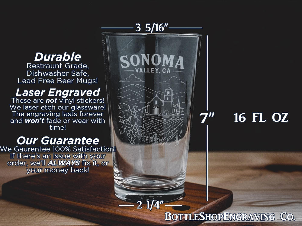 Sonoma Valley CA Pint Glass, Sonoma County California Souvenir Beer Glass, Wine Country Gift, Travel Keepsake Drinkware