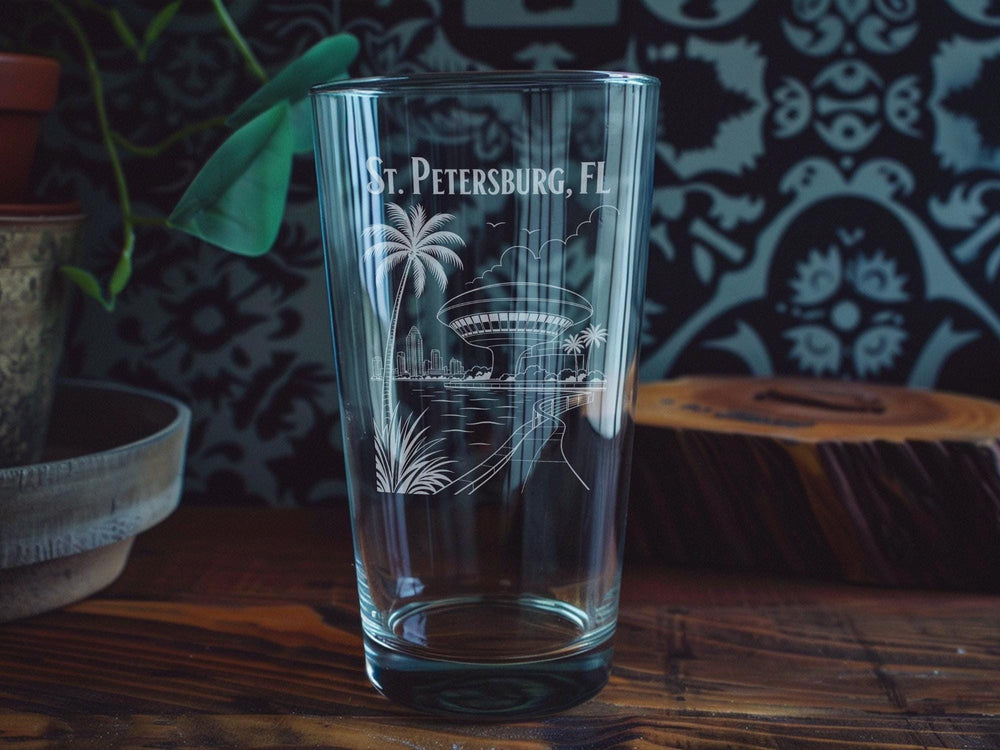 St Petersburg FL Pint Glass, Florida Souvenir Beer Glass, St Pete Florida Travel Gift, Coastal City Keepsake Glassware