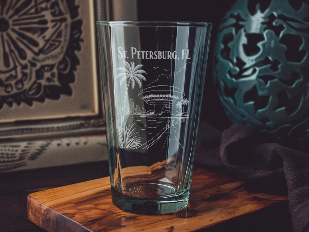 St Petersburg FL Pint Glass, Florida Souvenir Beer Glass, St Pete Florida Travel Gift, Coastal City Keepsake Glassware