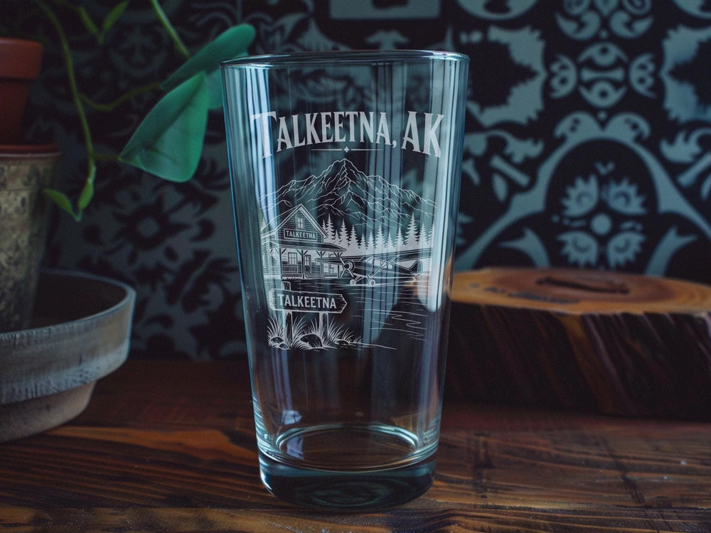 Talkeetna Alaska Pint Glass, Talkeetna AK Souvenir Beer Glass, Alaska Travel Gift, Denali Gateway Tumbler, Mountain Town Drinkware