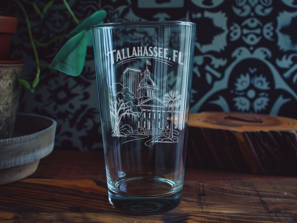 Tallahassee FL Pint Glass, Tallahassee Florida Souvenir Beer Glass, City Name Drinkware, Florida Travel Gift, Bar Glassware