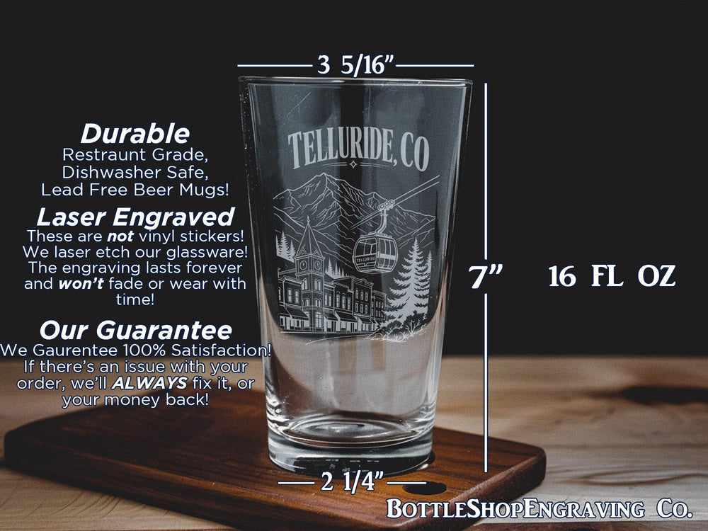 Telluride Colorado Pint Glass, Telluride CO Souvenir Beer Glass, Mountain Town Travel Gift, Colorado Drinkware