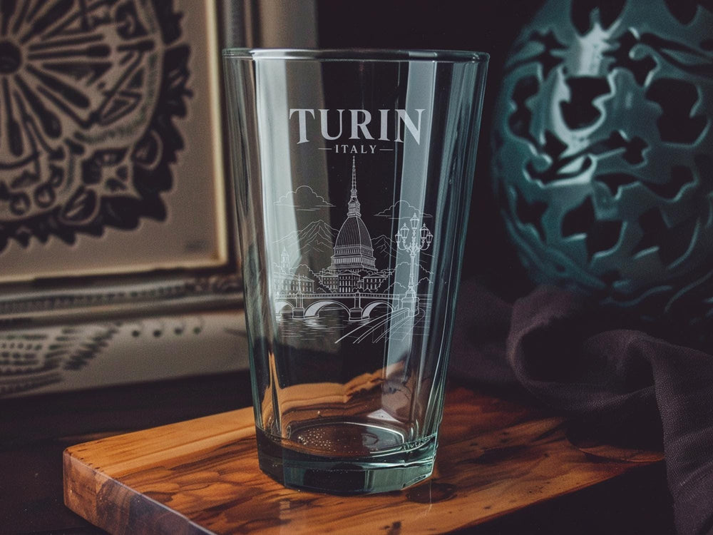 Turin Italy Pint Glass, Torino Souvenir Beer Glass, Italy Travel Gift, Piedmont City Skyline Drinkware, Italian City Keepsake Glass
