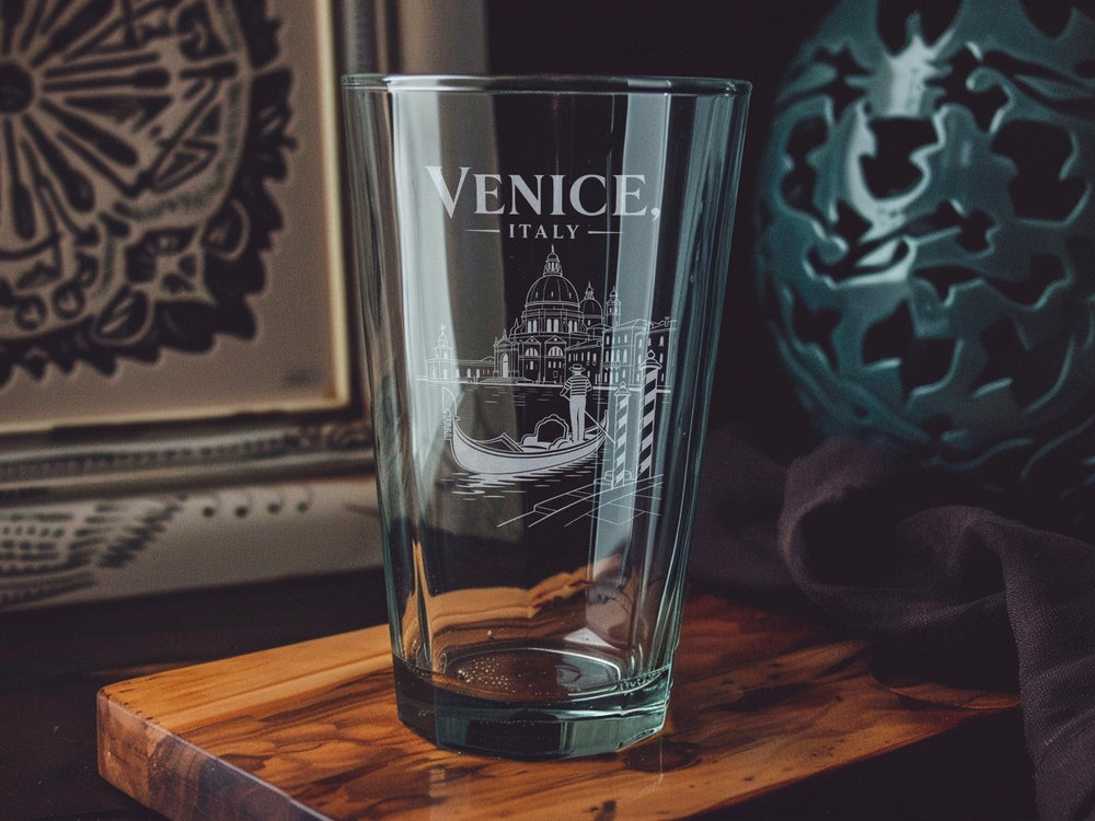 Venice Italy Pint Glass, Venice Canal Scene Souvenir Glass, Venice Landmark Travel Drinkware, Italian Cityscape Bar Glass