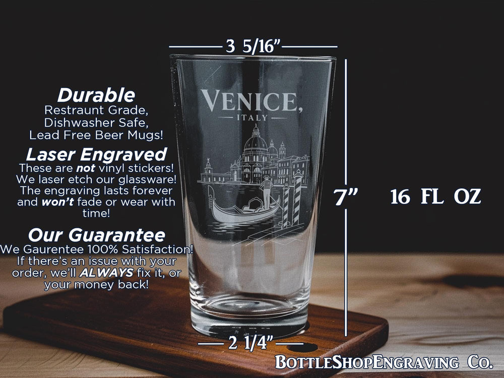 Venice Italy Pint Glass, Venice Canal Scene Souvenir Glass, Venice Landmark Travel Drinkware, Italian Cityscape Bar Glass