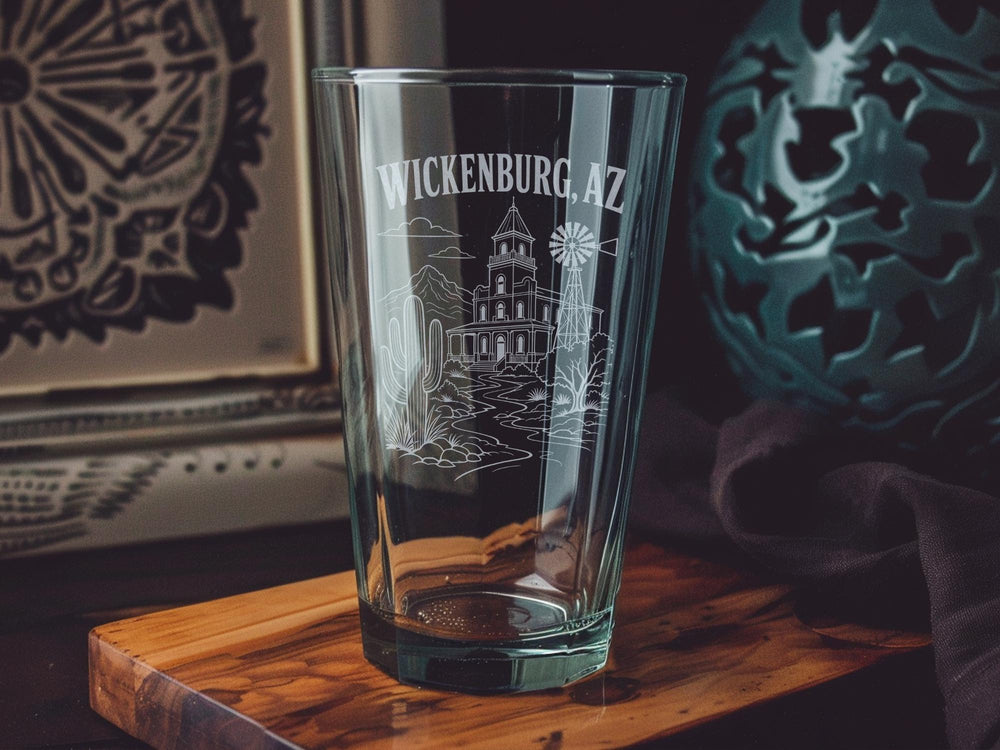 Wickenburg AZ Pint Glass, Wickenburg Arizona Souvenir Beer Glass, Desert Town Travel Gift, Western Town Barware, Arizona Gift