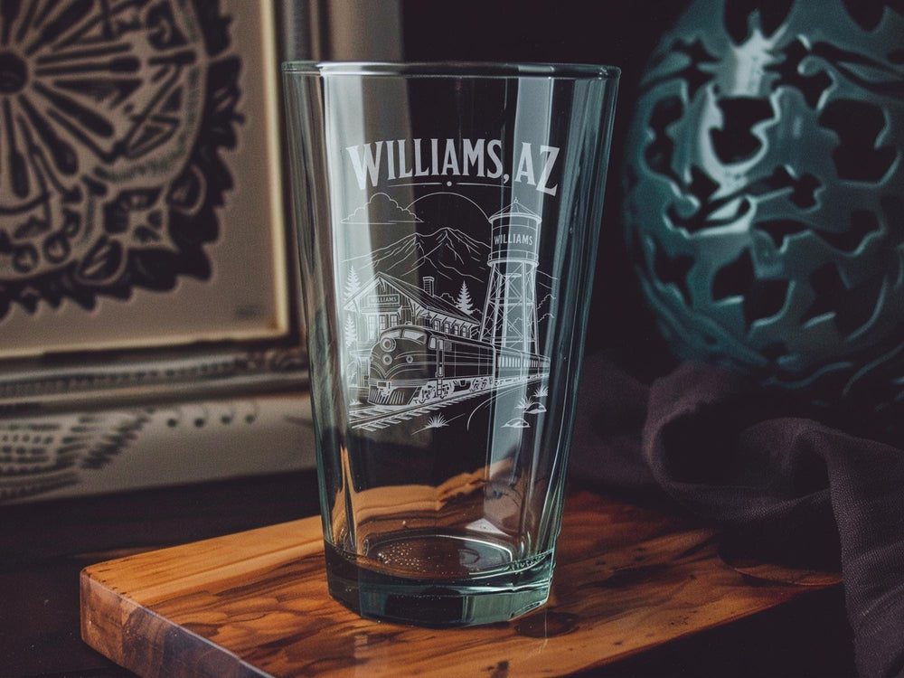 Williams AZ Pint Glass, Williams Arizona Souvenir Beer Glass, Route 66 Williams AZ Travel Gift, Northern Arizona Barware Drinkware