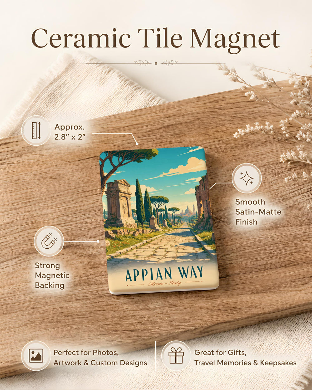 Appian Way Fridge Magnet, Ancient Roman Road Landmark Souvenir, Italy Travel Keepsake, Historic Via Appia Gift