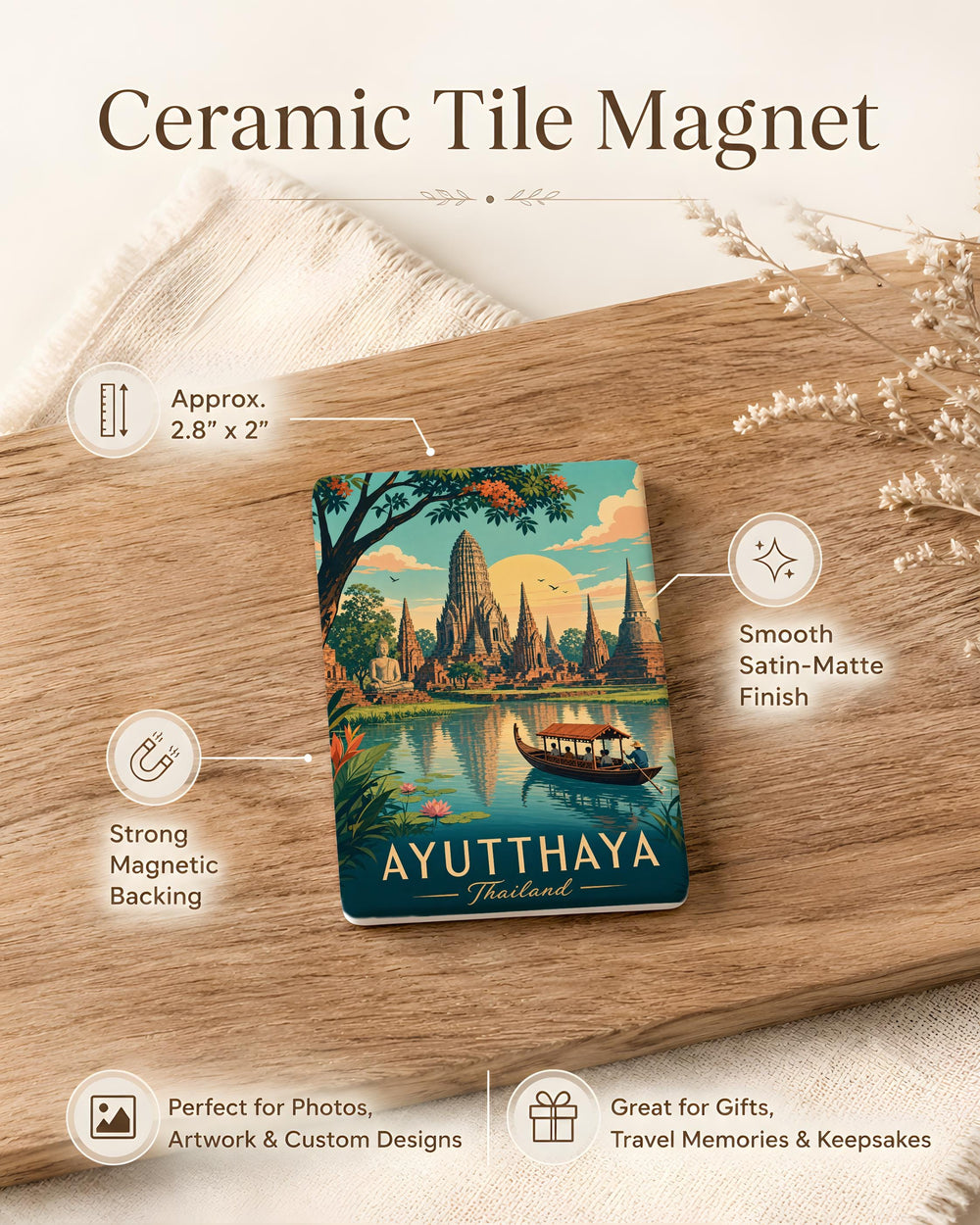 Ayutthaya Thailand Fridge Magnet, Ayutthaya Historical Park Souvenir Magnet, Thailand Travel Gift, Ayutthaya Landmark Magnet