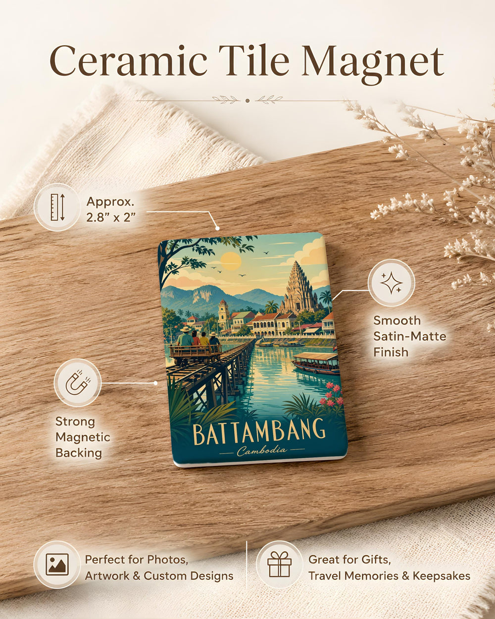 Battambang Cambodia Fridge Magnet, Battambang City Souvenir Magnet, Cambodia Travel Gift, Southeast Asia Landmark Magnet