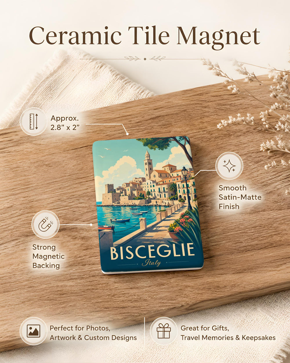 Bisceglie Italy Fridge Magnet, Bisceglie Travel Souvenir, Puglia Coastal Town Landmark Keepsake Magnet, Italy Vacation Gift