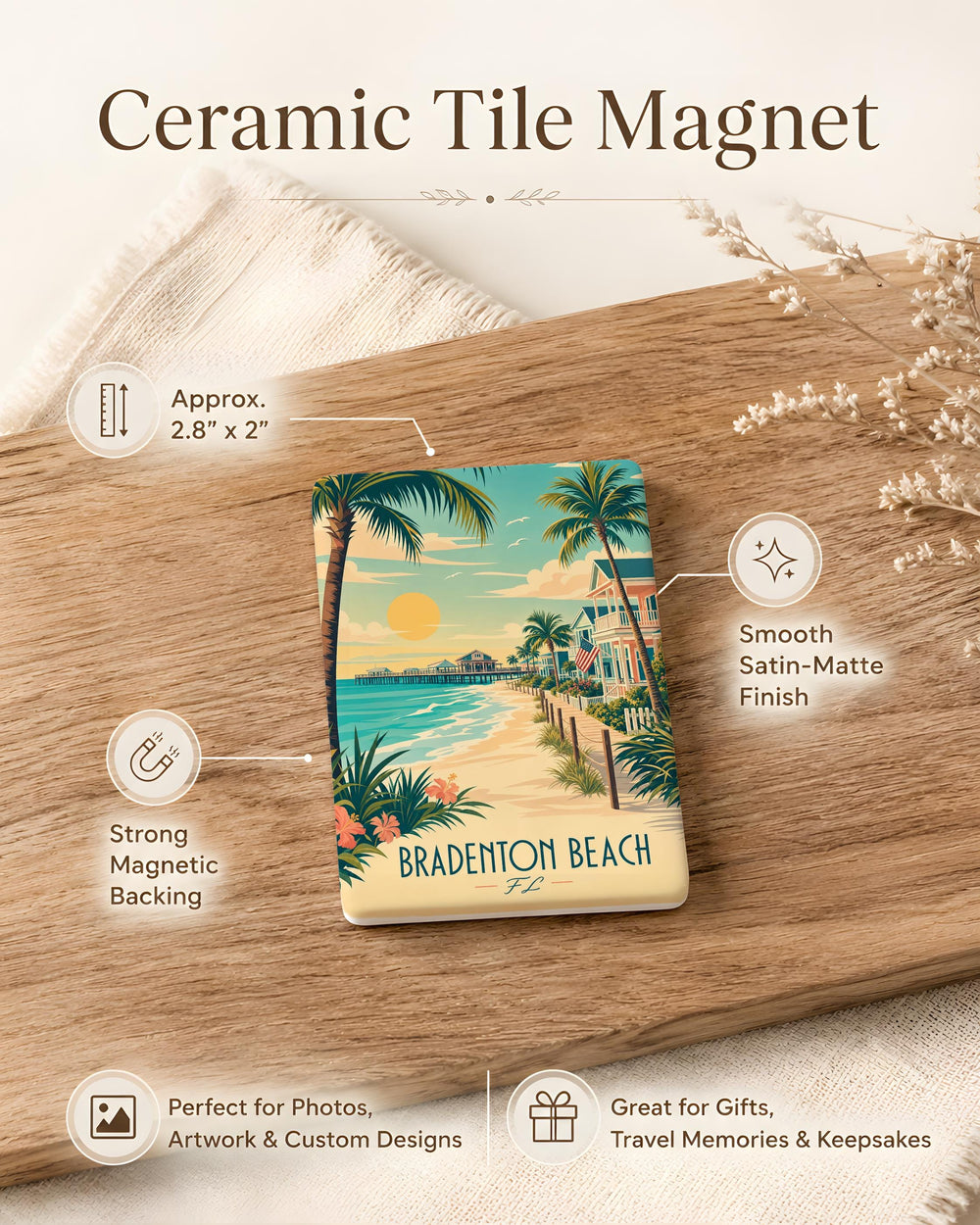 Bradenton Beach FL Fridge Magnet, Florida Gulf Coast Souvenir Magnet, Beach Town Travel Keepsake Magnet