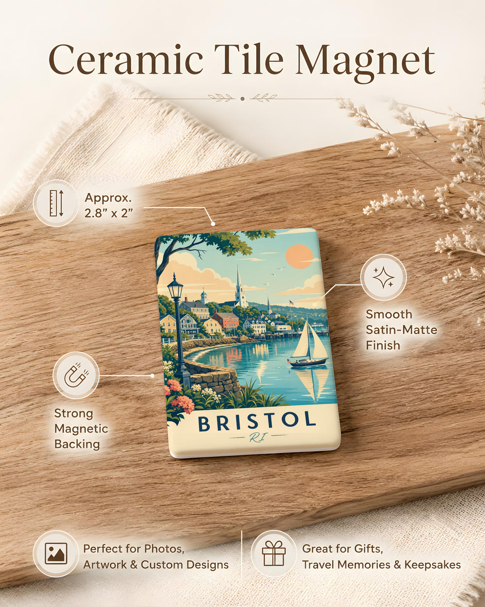 Bristol RI Fridge Magnet, Bristol Rhode Island Souvenir Magnet, Coastal New England Travel Gift, Bristol Harbor Keepsake Magnet
