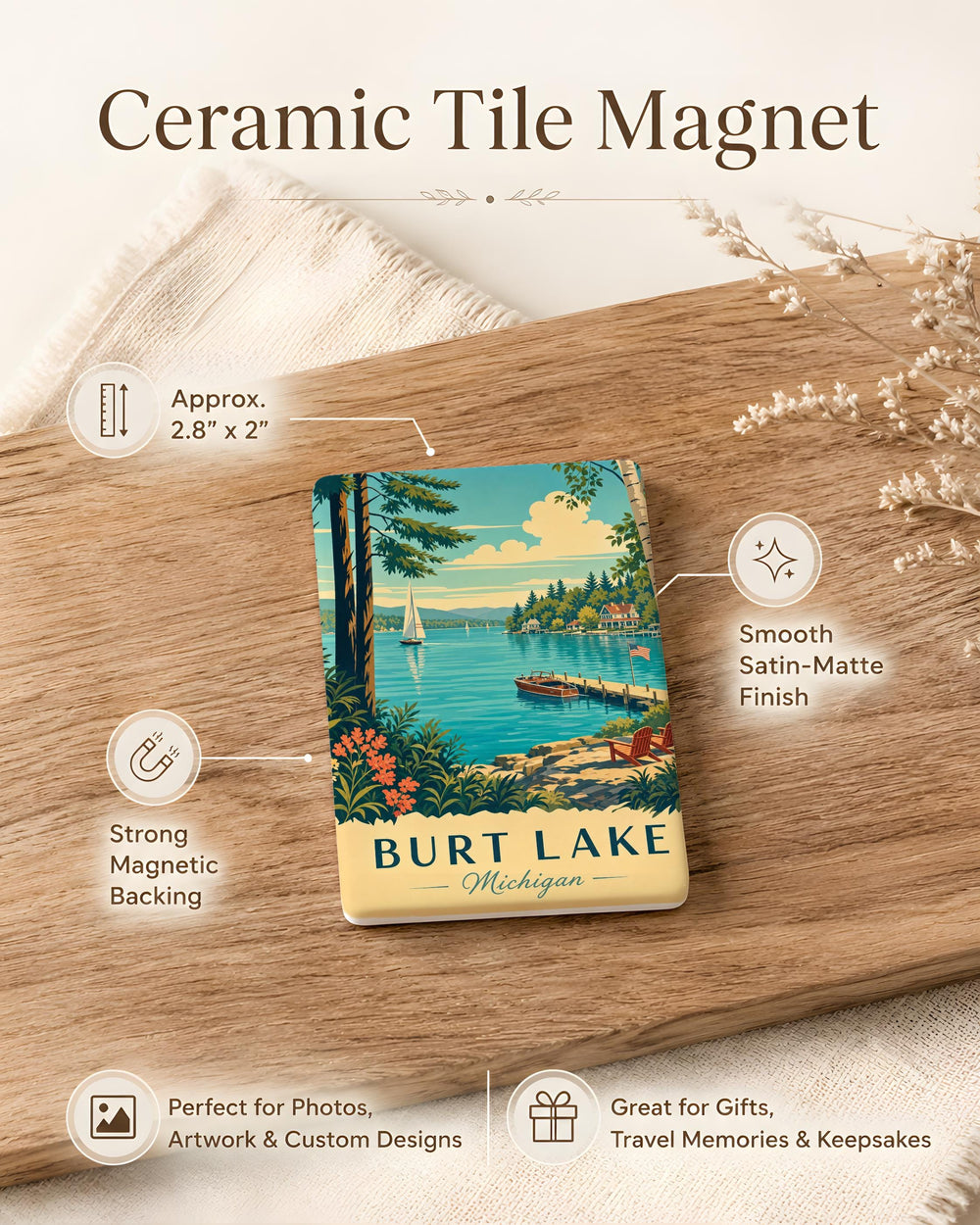 Burt Lake Fridge Magnet, Michigan Lake Souvenir, Up North Cabin & Camping Keepsake, Northern Michigan Travel Gift