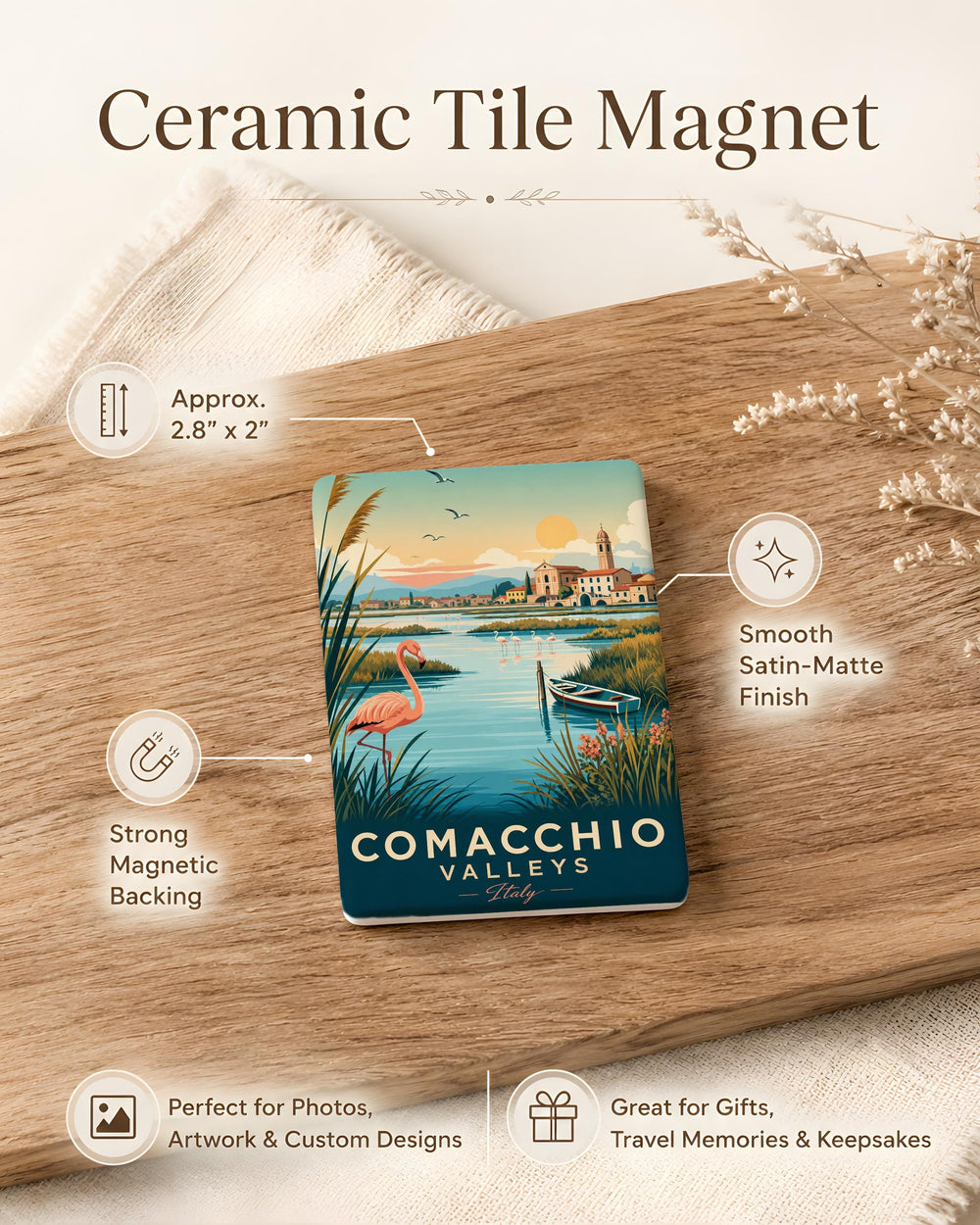 Comacchio Valleys Fridge Magnet, Italy Wetlands Landscape Souvenir, Emilia-Romagna Travel Keepsake Magnet