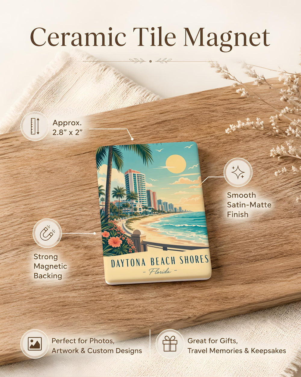 Daytona Beach Shores FL Fridge Magnet, Florida Beach Souvenir Magnet, Coastal Vacation Travel Keepsake Magnet
