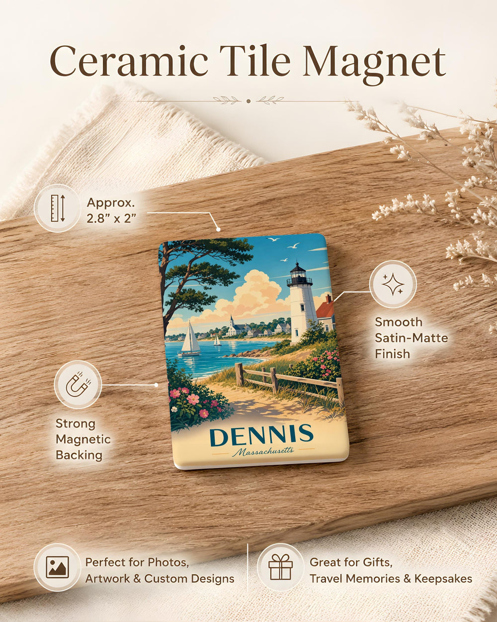 Dennis Massachusetts Fridge Magnet, Dennis MA Souvenir Magnet, Cape Cod Travel Gift, Coastal Town Keepsake Magnet