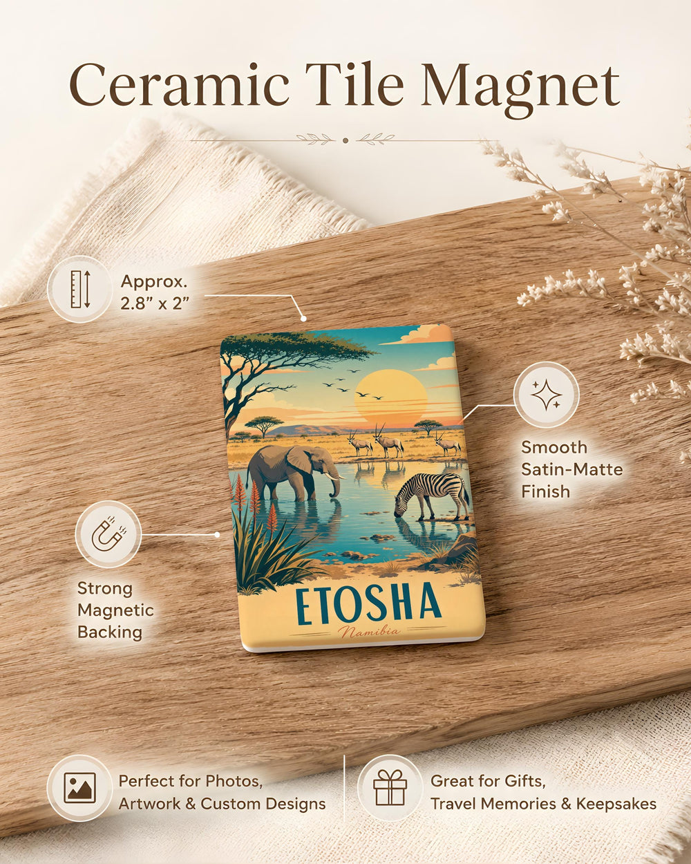 Etosha Namibia Fridge Magnet, Etosha National Park Souvenir Magnet, Namibia Travel Gift, African Safari Wildlife Keepsake Magnet
