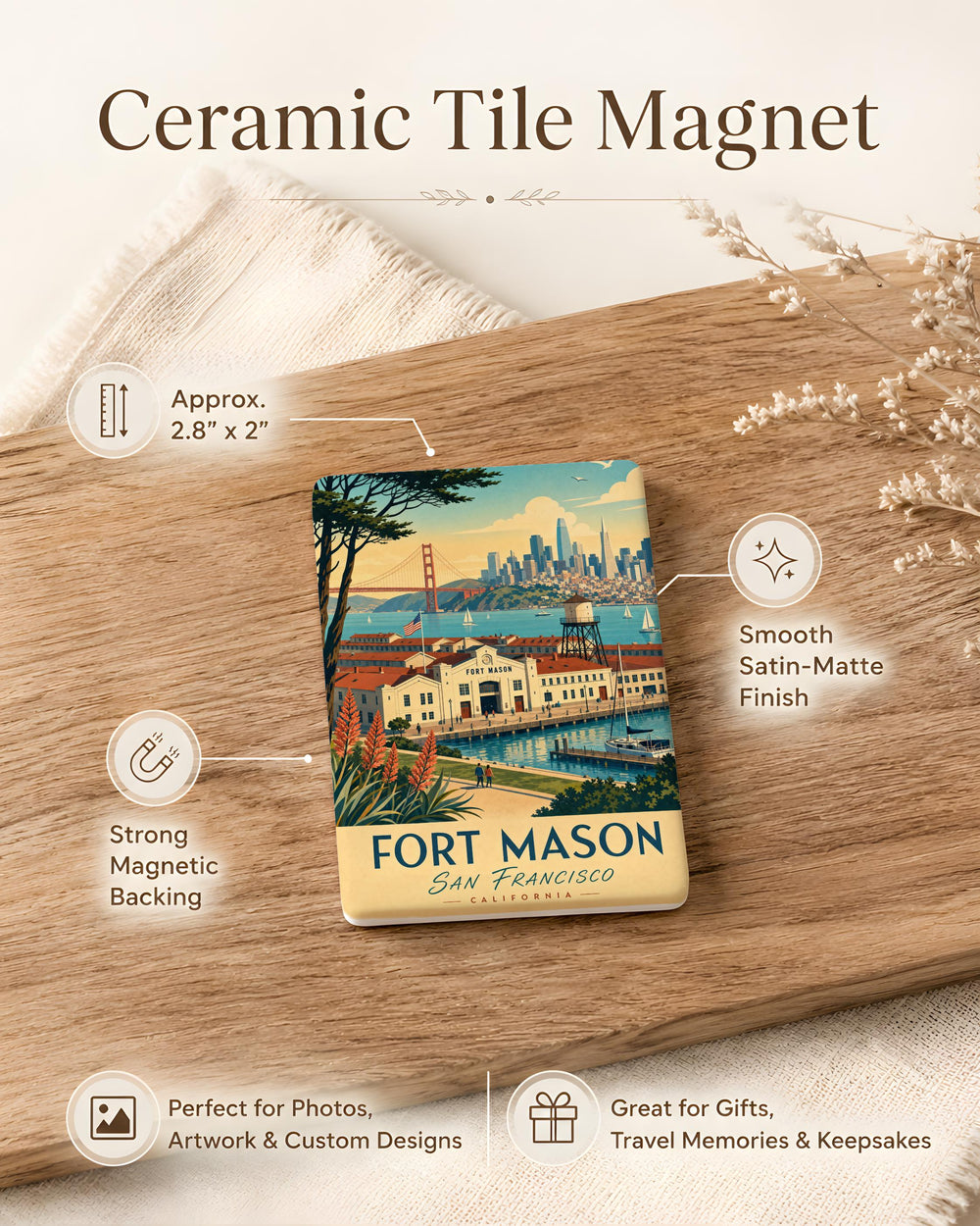 Fort Mason Fridge Magnet, San Francisco Landmark Souvenir Magnet, Historic Waterfront & Pier Travel Keepsake Magnet