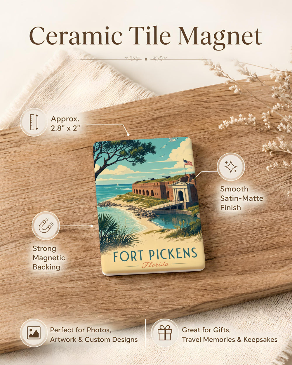 Fort Pickens Fridge Magnet, Pensacola Beach Florida Souvenir, Historic Coastal Fort Landmark Magnet Gift