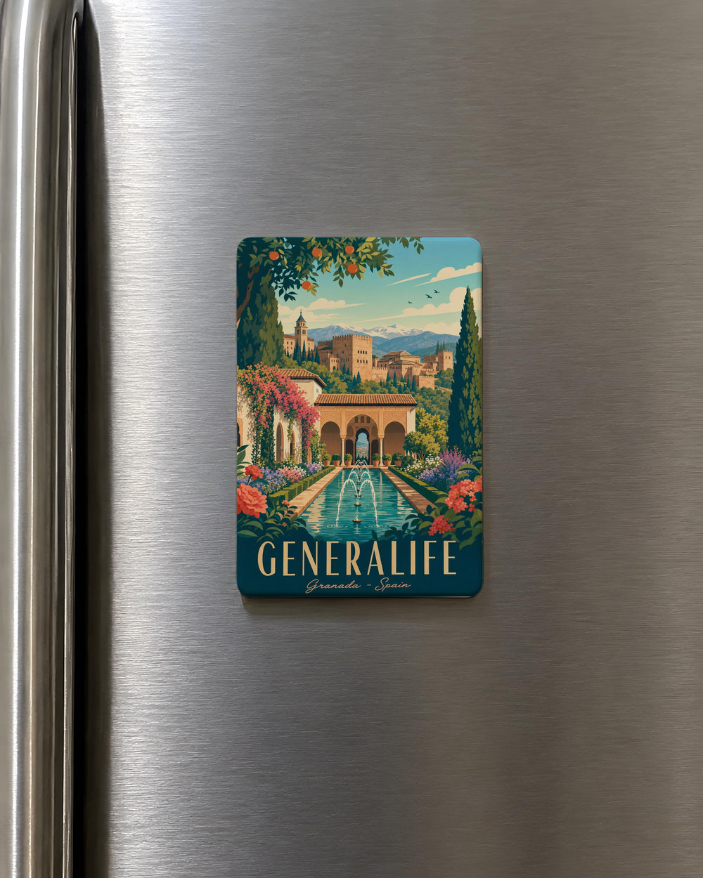 Generalife Fridge Magnet, Alhambra Gardens Granada Spain Souvenir, Moorish Palace Courtyard Fountain Travel Keepsake Magnet