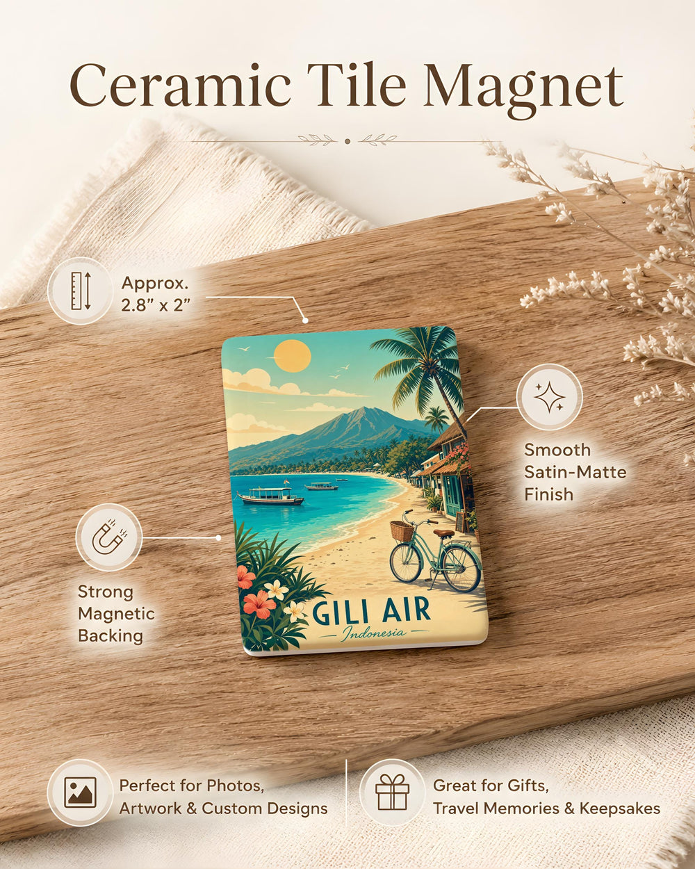 Gili Air Fridge Magnet, Indonesia Island Travel Souvenir, Tropical Beach Vacation Keepsake Magnet