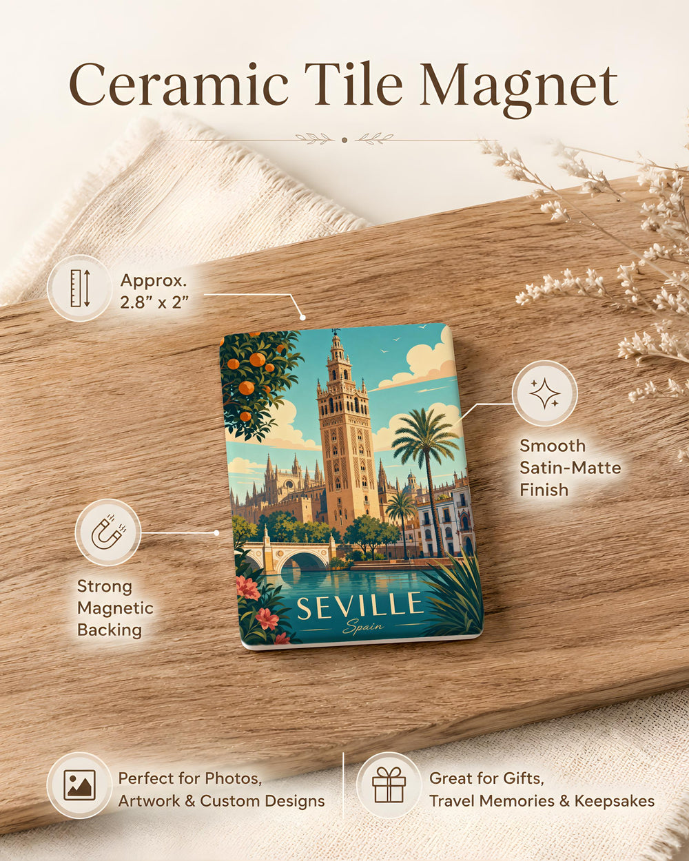 Giralda Tower Fridge Magnet, Seville Spain Landmark Souvenir Magnet, Andalusia Travel Gift, Cathedral Bell Tower Magnet