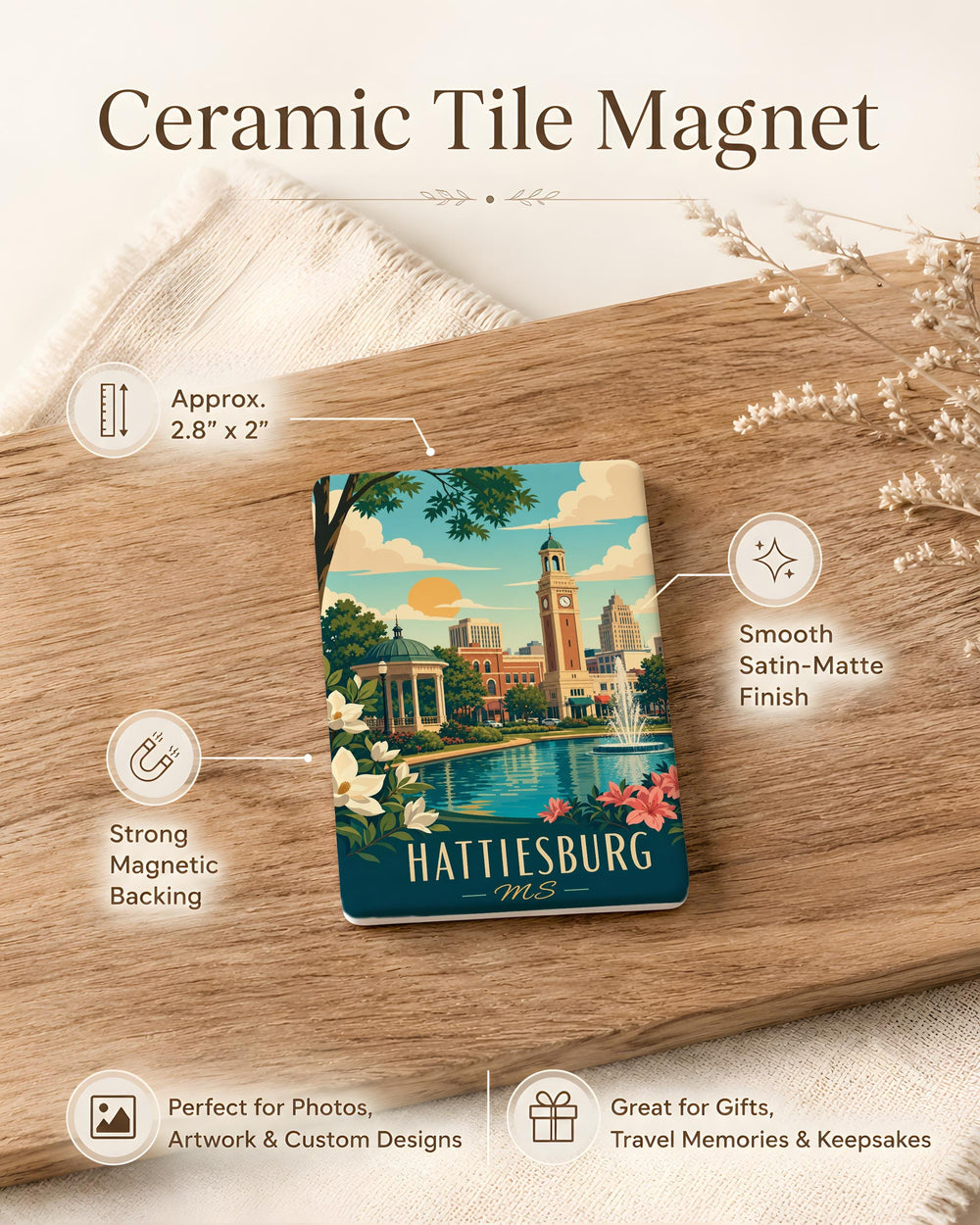 Hattiesburg MS Fridge Magnet, Hattiesburg Mississippi Souvenir Magnet, Hometown Travel Gift, City Landmark Keepsake Magnet
