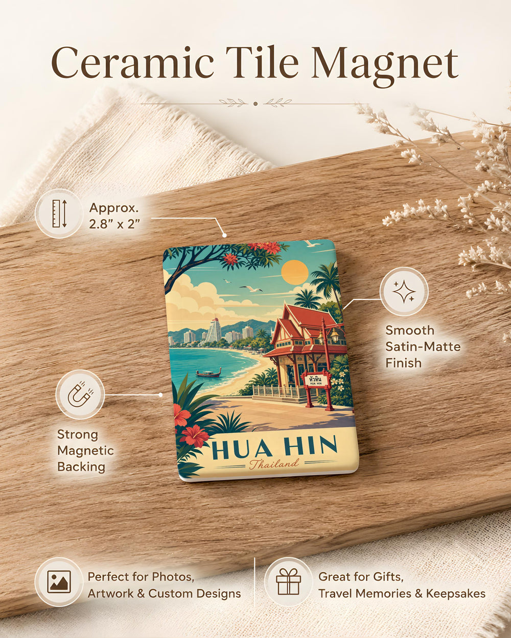Hua Hin Thailand Fridge Magnet, Hua Hin Beach Souvenir Magnet, Thailand Travel Gift, Coastal Town Vacation Keepsake Magnet